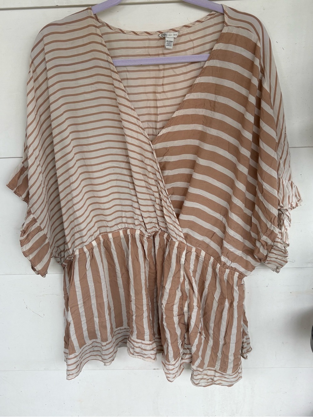 Cato Striped Wrap Blouse in Beige and White